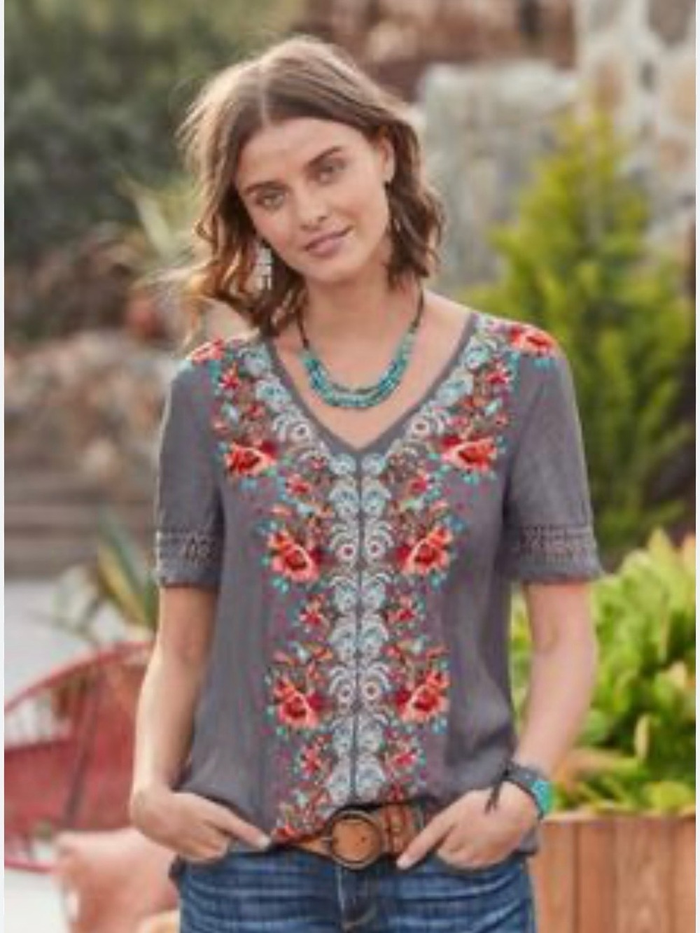 Sundance Gray Embroidered V-Neck Blouse with Orange & Teal Floral Accents